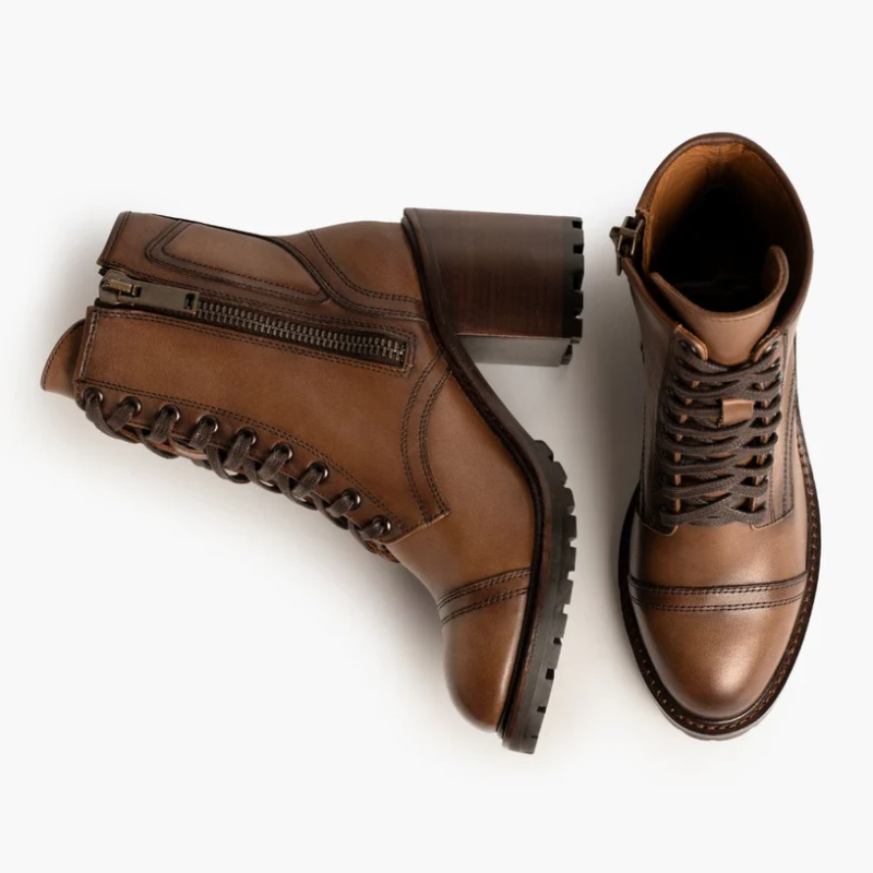 Opp France Women’s Chunky High Heel Lace-up Zipper Leather Martin Boots Amber Wheat