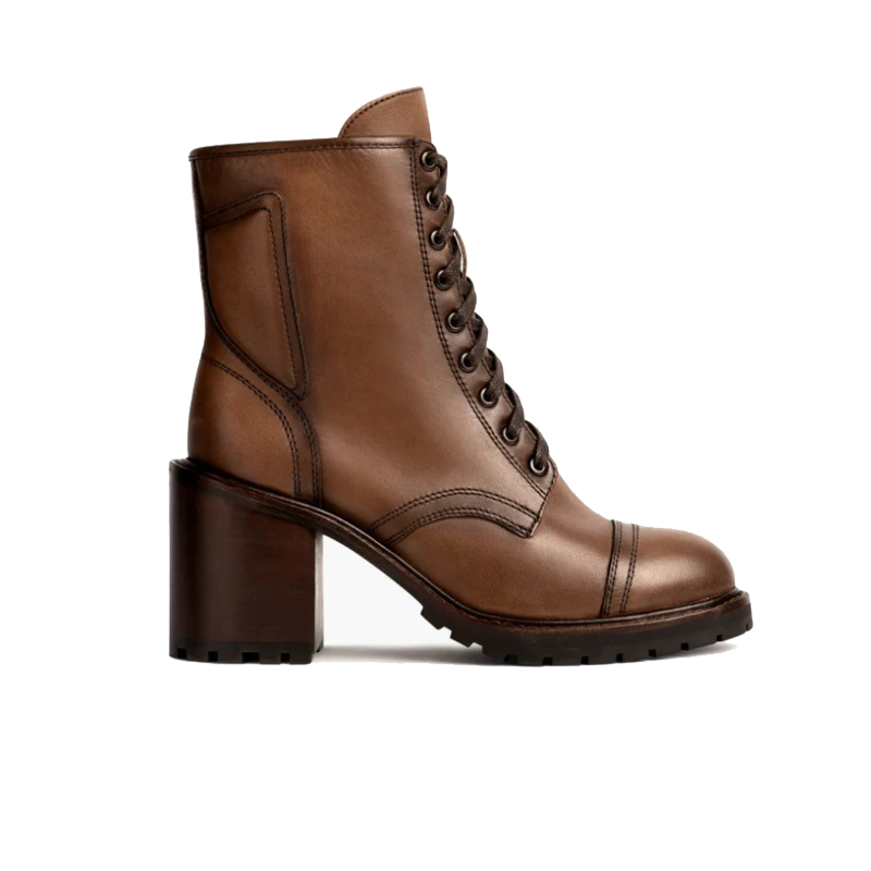 opp france Women’s Chunky High Heel Lace-up Zipper Leather Martin Boots Amber Wheat