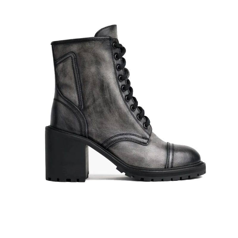 opp france Women’s Chunky High Heel Lace-up Zipper Leather Martin Boots Distressed Grey