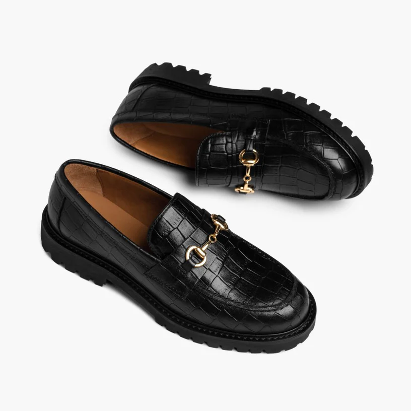 Opp France Women’s Crocodile Pattern Non-slip Metal Decoration Platform Loafers Black & Gold Croco