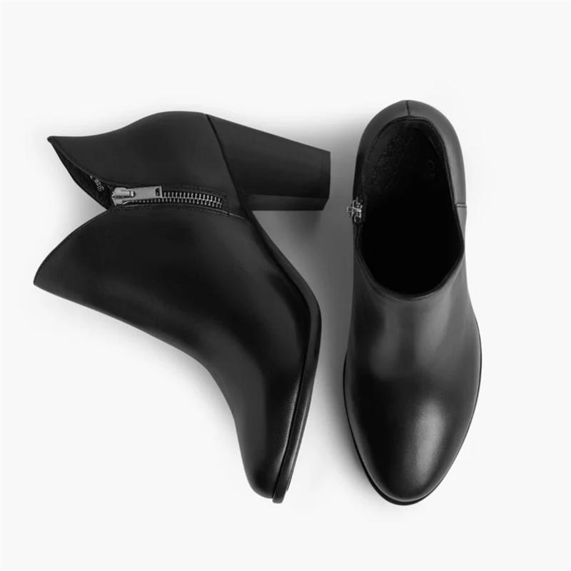 Opp France Women’s Elegant Thick High Heel Leather Zippered Ankle Boots Black