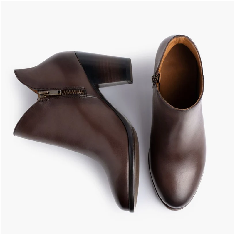 Opp France Women’s Elegant Thick High Heel Leather Zippered Ankle Boots Old English