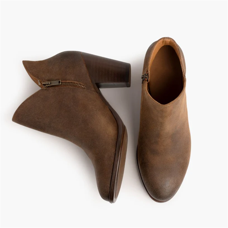 Opp France Women’s Elegant Thick High Heel Leather Zippered Ankle Boots Auburn