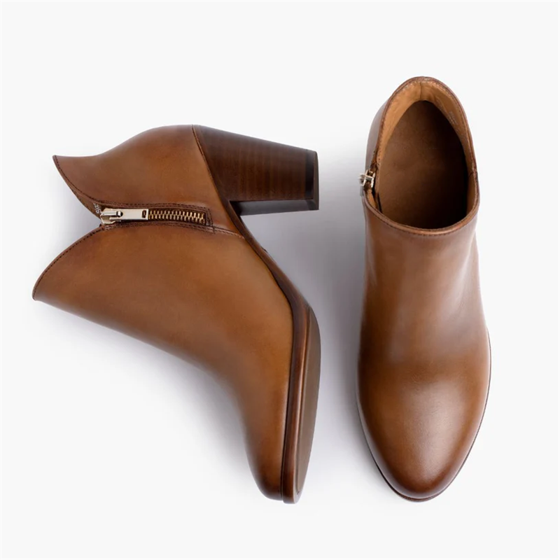 Opp France Women’s Elegant Thick High Heel Leather Zippered Ankle Boots Tan