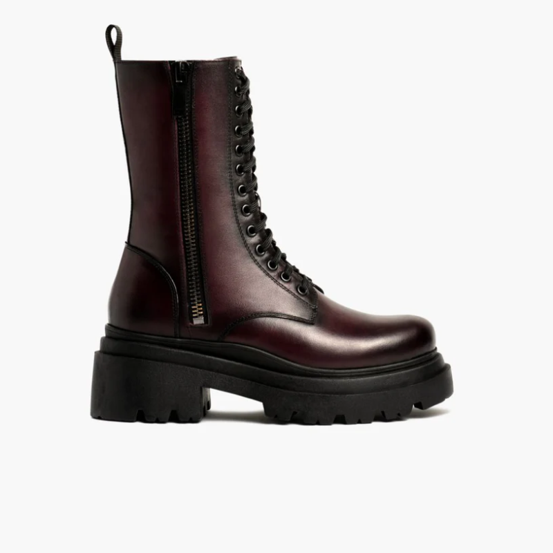 Opp France Women’s Lace-up Zipper Fashionable Height-enhancing Martin Boots Black Cherry