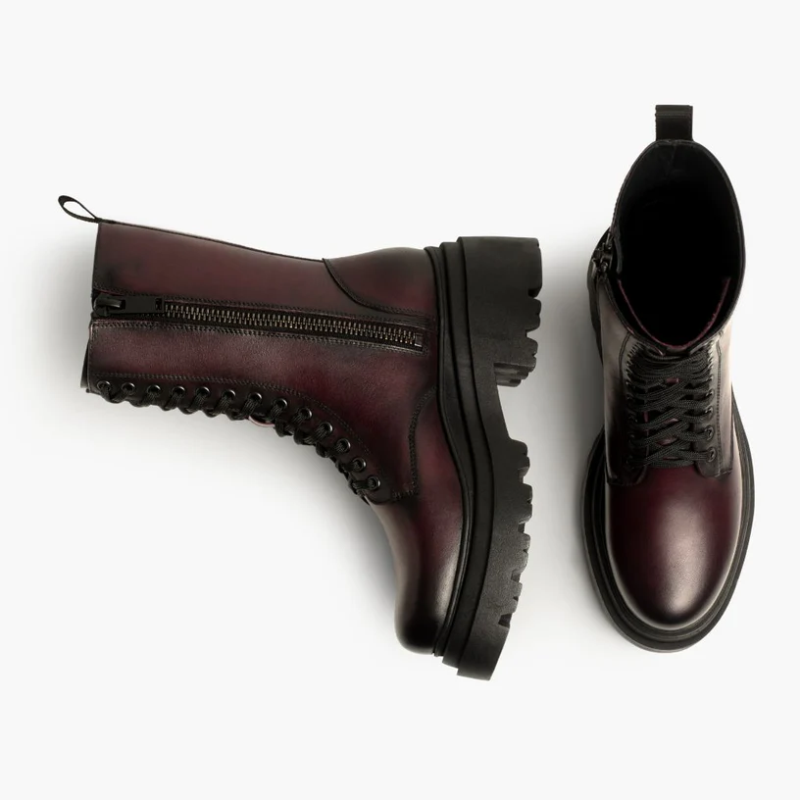 Opp France Women’s Lace-up Zipper Fashionable Height-enhancing Martin Boots Black Cherry