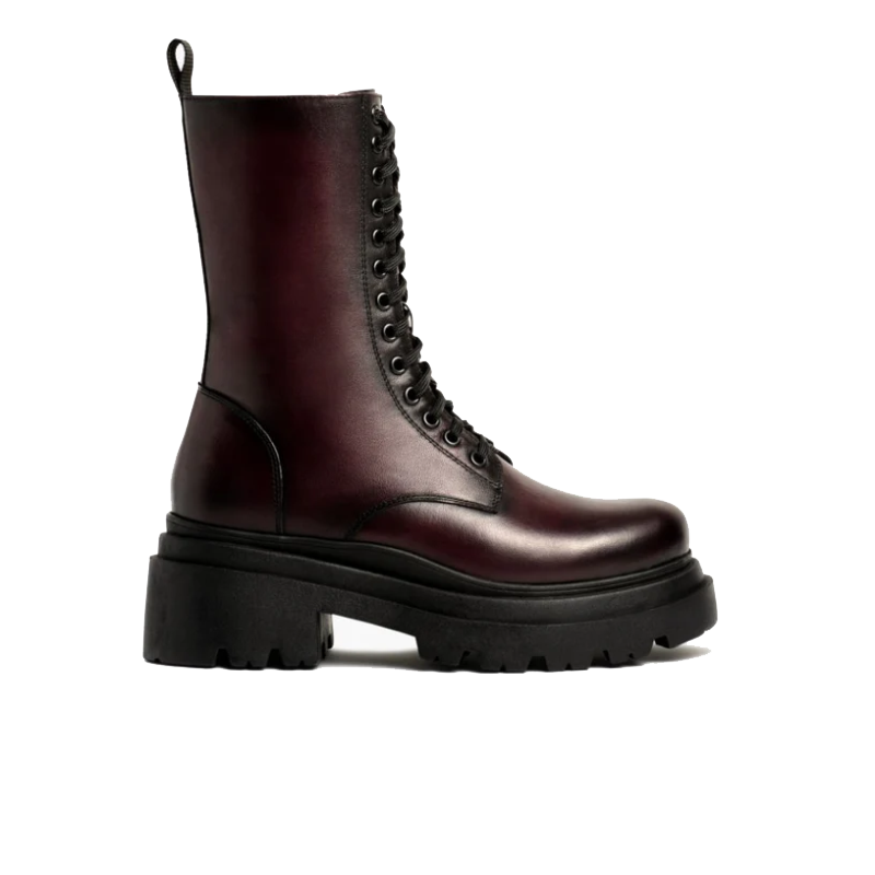 opp france Women’s Lace-up Zipper Fashionable Height-enhancing Martin Boots Black Cherry