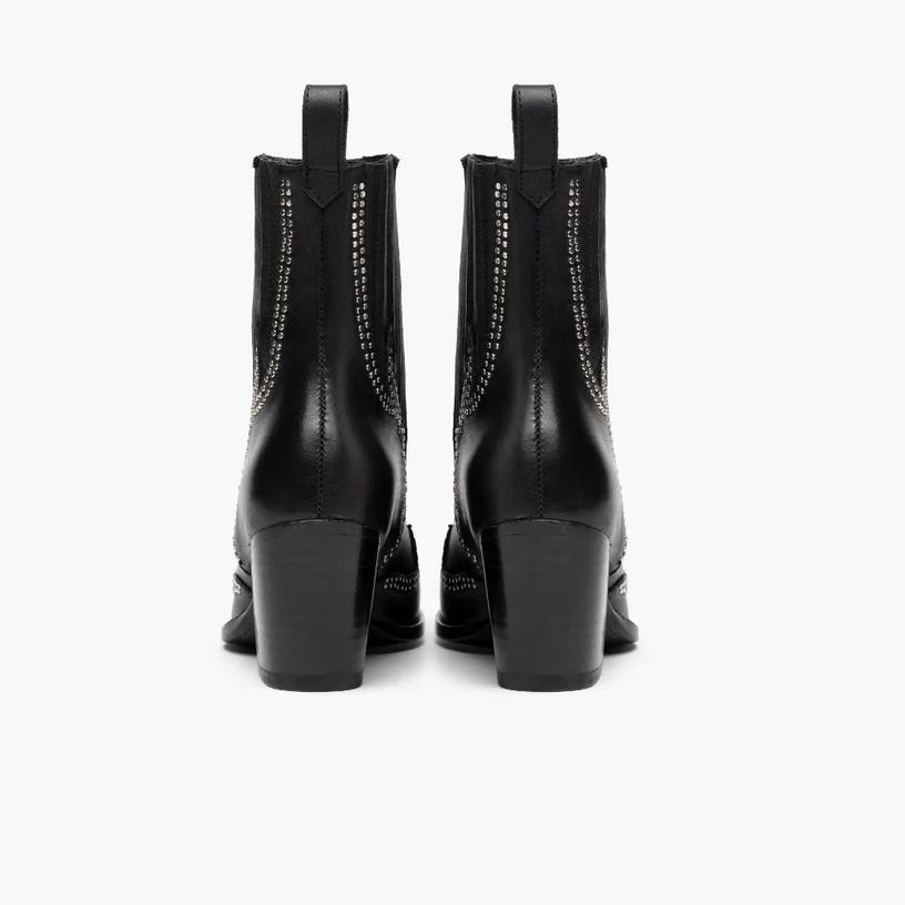 Opp France Women’s Leather Pointed Toe Thick Heel Diamond Mid-calf Boots Black