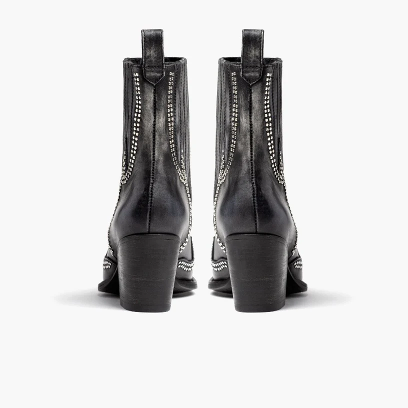 Opp France Women’s Leather Pointed Toe Thick Heel Diamond Mid-calf Boots Distressed Grey