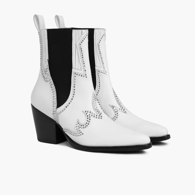 Opp France Women’s Leather Pointed Toe Thick Heel Diamond Mid-calf Boots White