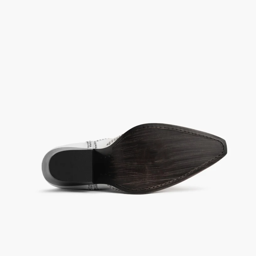 Opp France Women’s Leather Pointed Toe Thick Heel Diamond Mid-calf Boots White