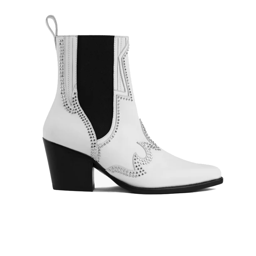 opp france Women’s Leather Pointed Toe Thick Heel Diamond Mid-calf Boots White