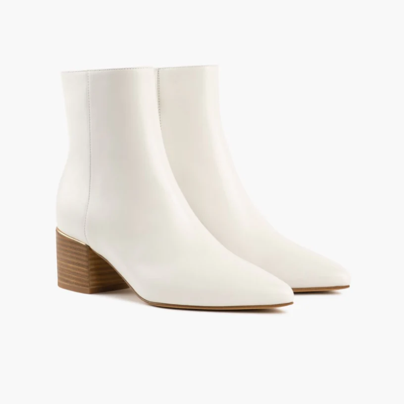 Opp France Women’s Leather Thick Heel Pointed Toe Short Boots Ecru