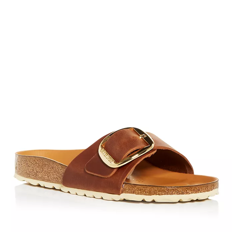 Opp France Women’s Madrid Big Buckle Slippers Sandals Beige Leather Gold