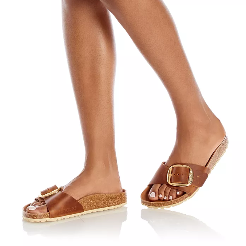 Opp France Women’s Madrid Big Buckle Slippers Sandals Beige Leather Gold