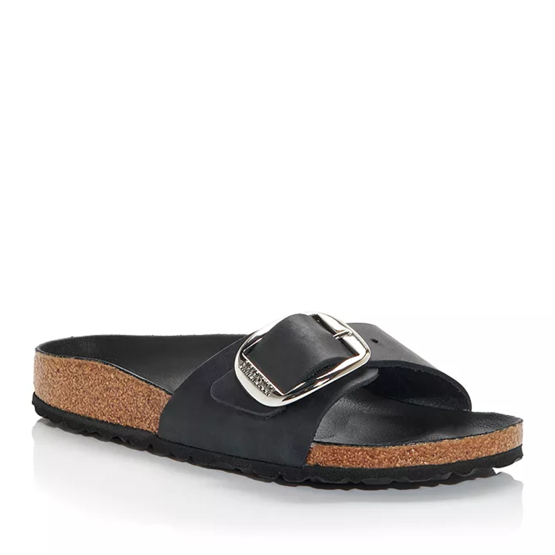 Opp France Women’s Madrid Big Buckle Slippers Sandals Black Leather Silver