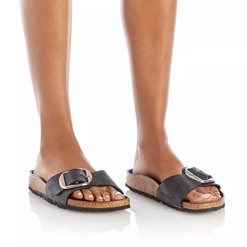 Opp France Women’s Madrid Big Buckle Slippers Sandals Black Leather Silver