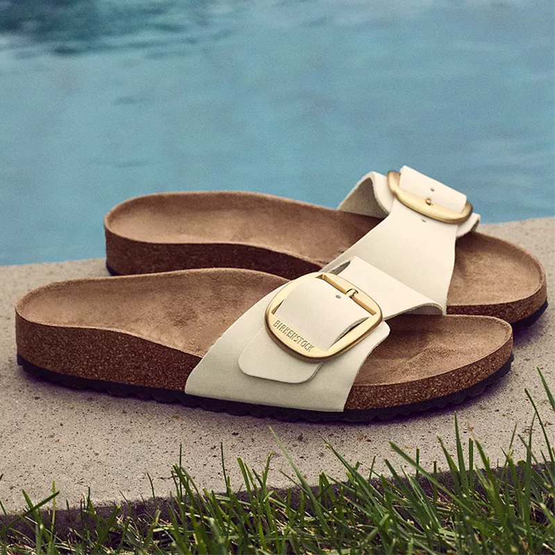 Opp France Women’s Madrid Big Buckle Slippers Sandals Ecru Nubuck Gold