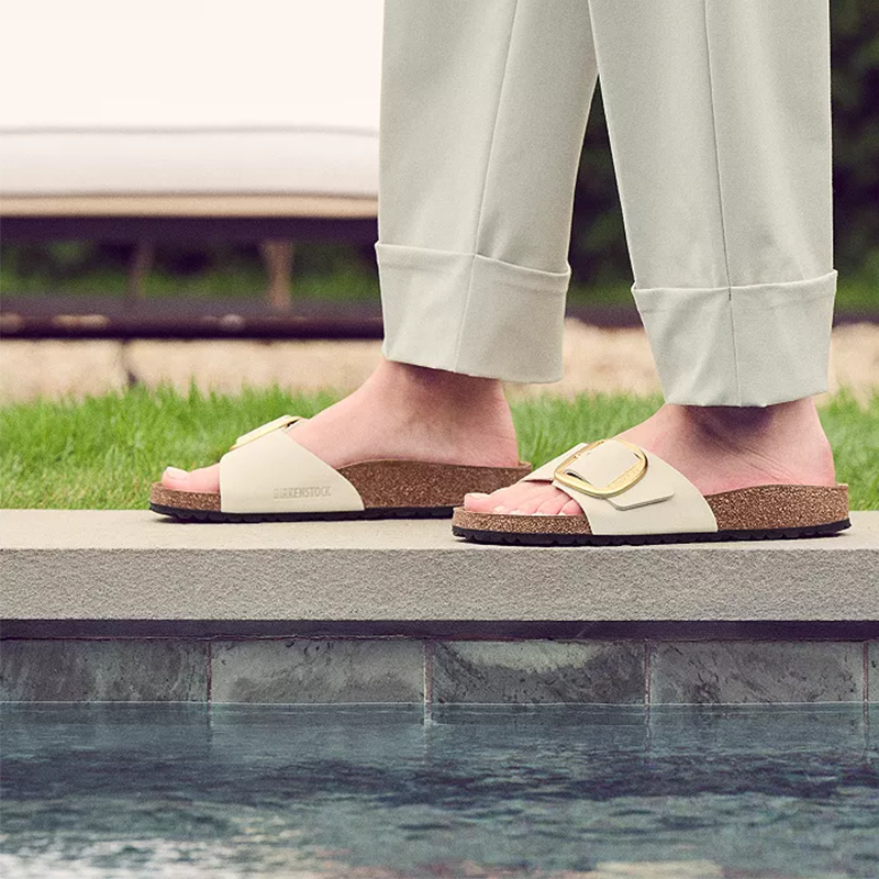 Opp France Women’s Madrid Big Buckle Slippers Sandals Ecru Nubuck Gold