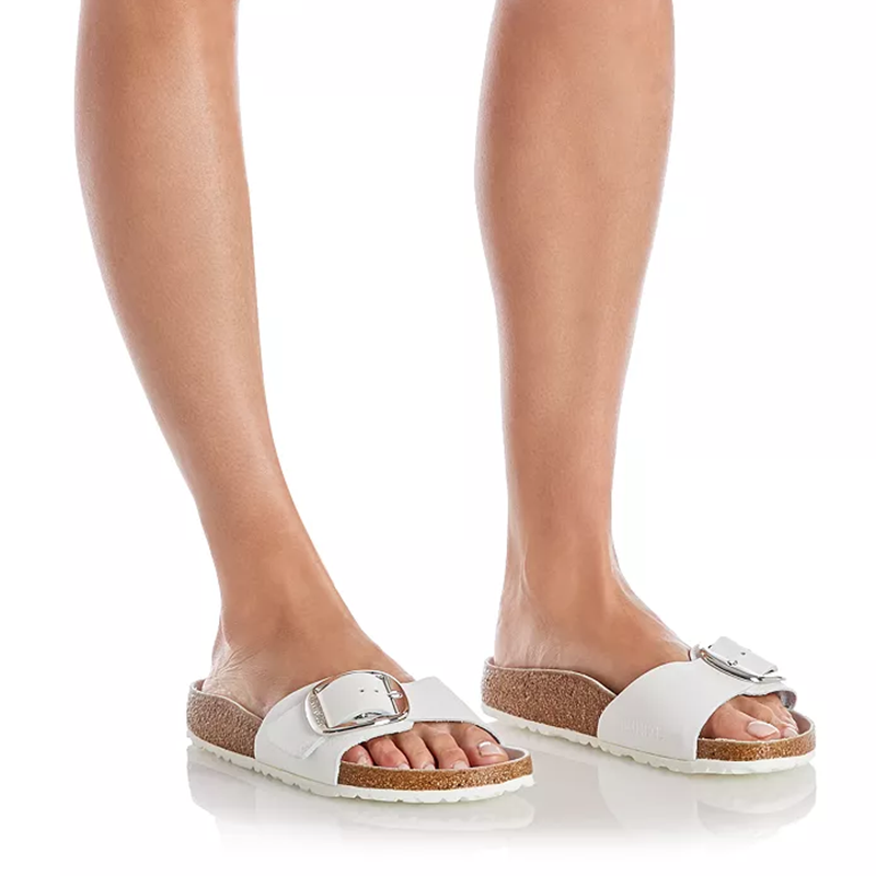 Opp France Women’s Madrid Big Buckle Slippers Sandals White Leather Silver