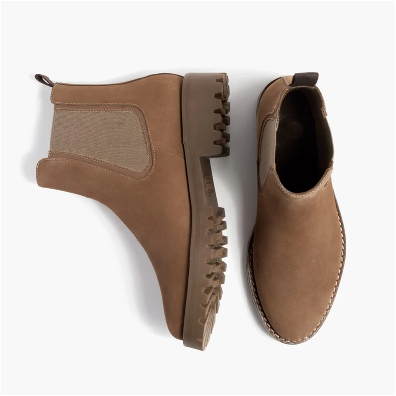 Opp France Women’s Matte Leather Vintage Solid Color Thick Sole Slip-on Boots Pebble