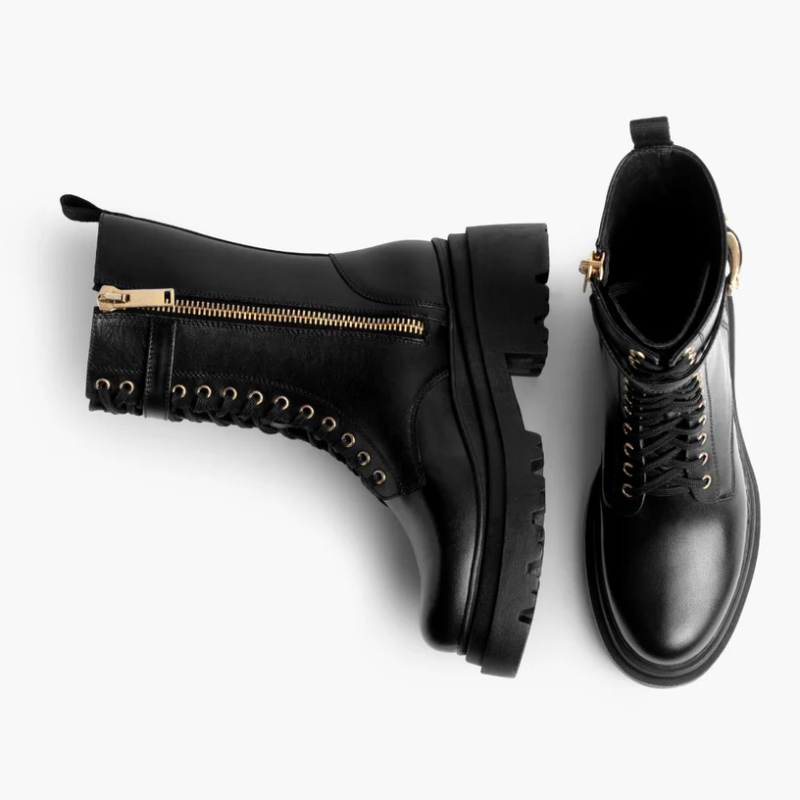 Opp France Women’s Metal Buckle Lace-up Fashionable Height-enhancing Martin Boots Black & Gold