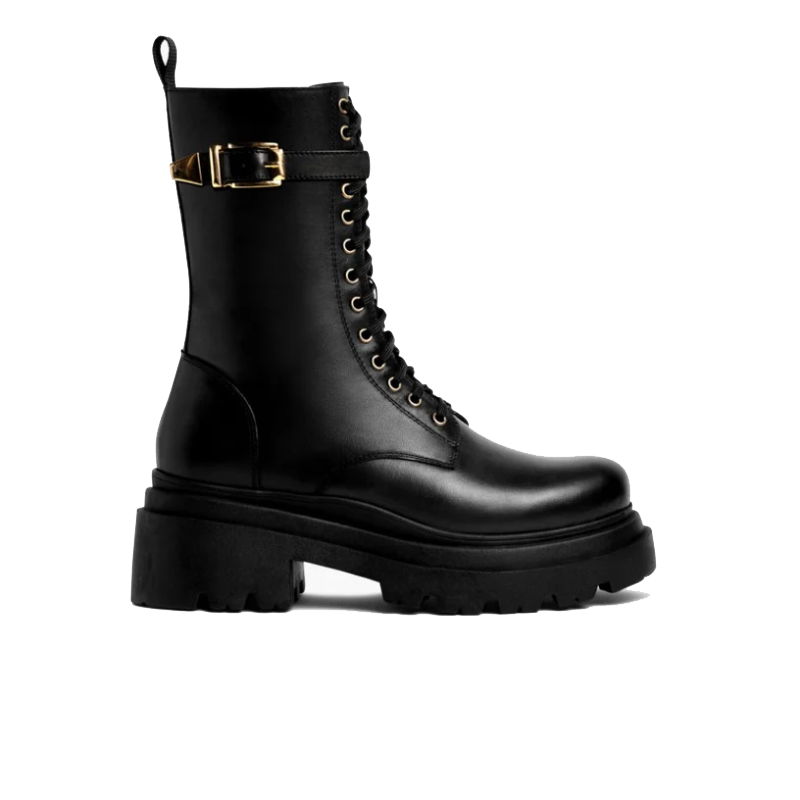 opp france Women’s Metal Buckle Lace-up Fashionable Height-enhancing Martin Boots Black & Gold