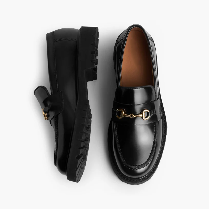 Opp France Women’s Non-slip Leather Metal Decoration Platform Loafers Black & Gold