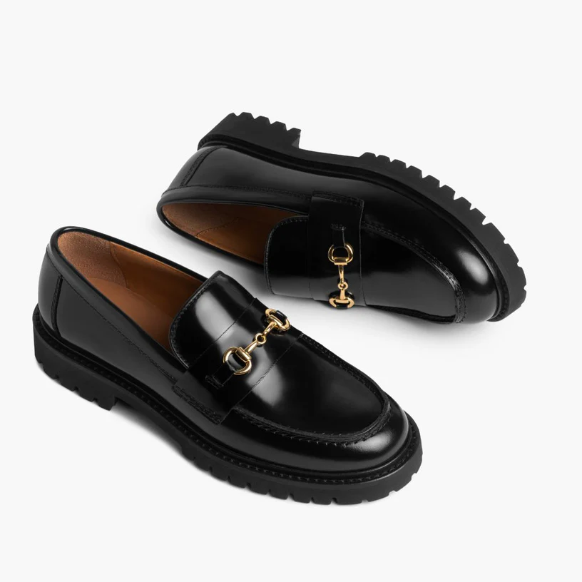 Opp France Women’s Non-slip Leather Metal Decoration Platform Loafers Black & Gold