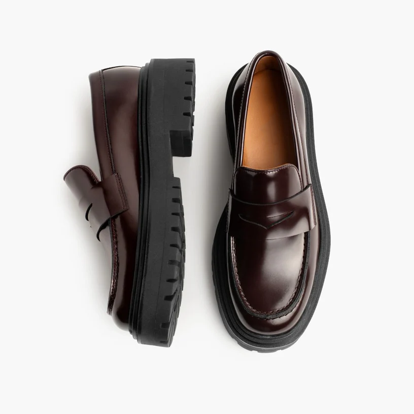 Opp France Women’s Non-slip Leather Platform Loafers Burgundy