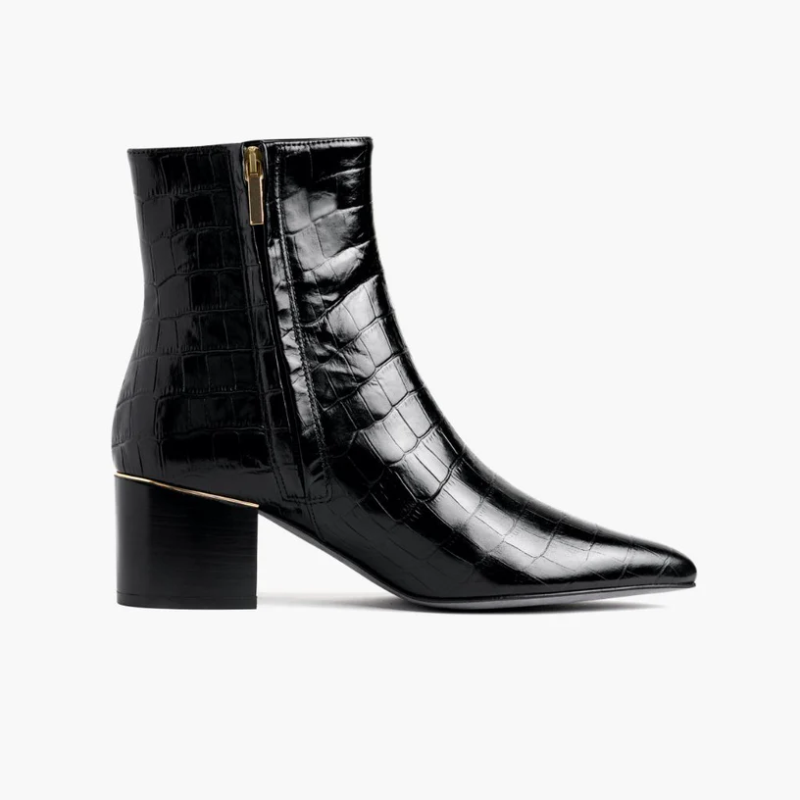 Opp France Women’s Patent Leather Crocodile Pattern Thick Heel Pointed Toe Short Boots Black Croco