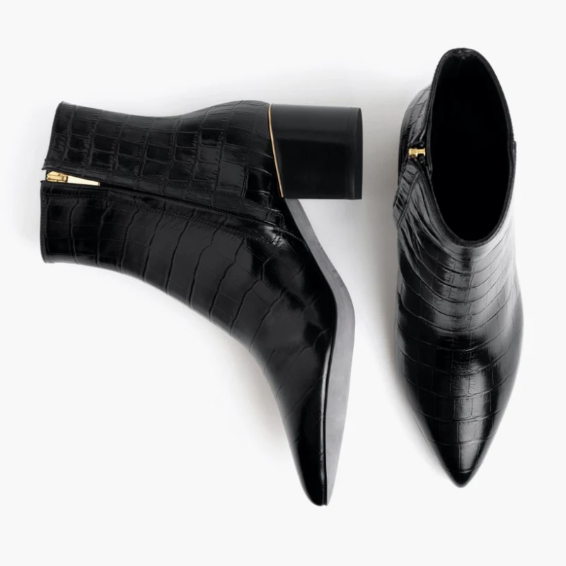 Opp France Women’s Patent Leather Crocodile Pattern Thick Heel Pointed Toe Short Boots Black Croco