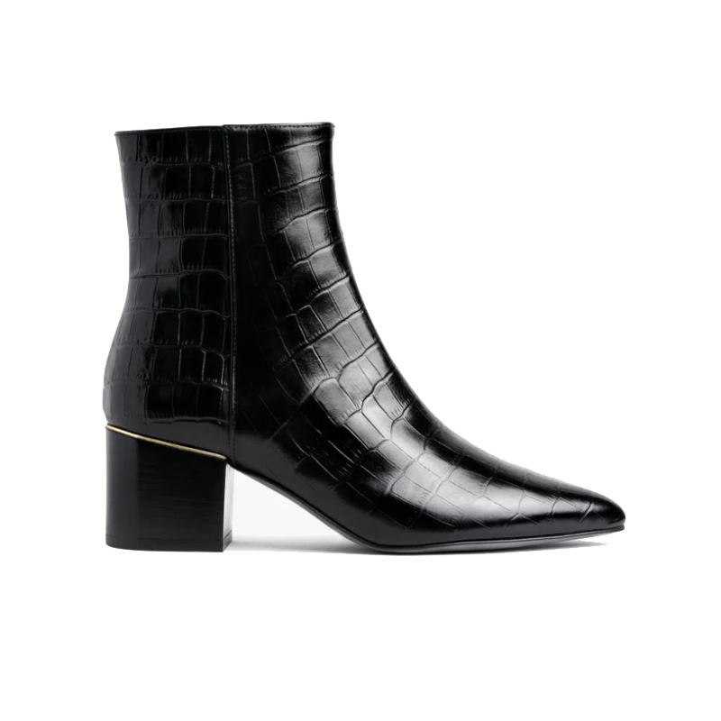 opp france Women’s Patent Leather Crocodile Pattern Thick Heel Pointed Toe Short Boots Black Croco