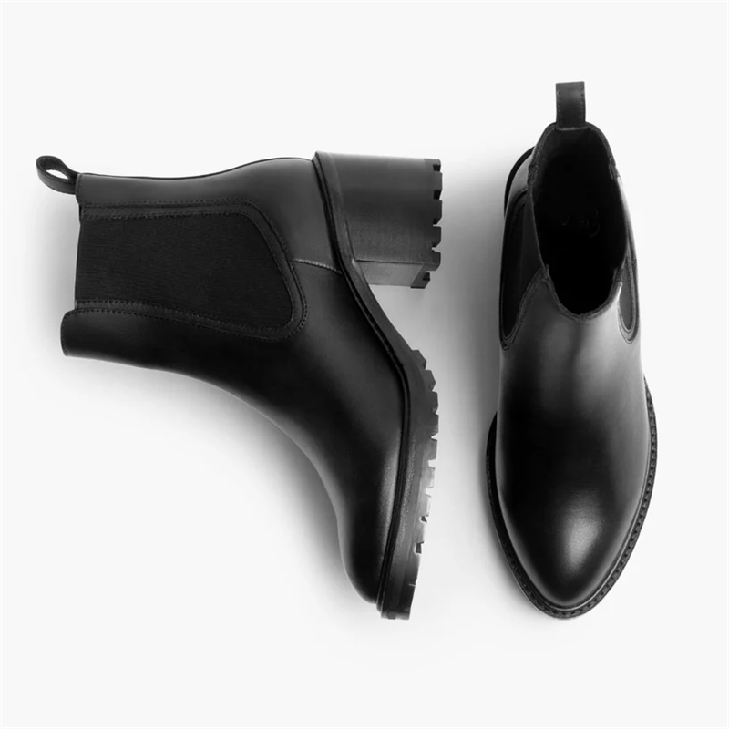 Opp France Women’s Shiny Leather Chunky High Heel Slip-on Boots Black