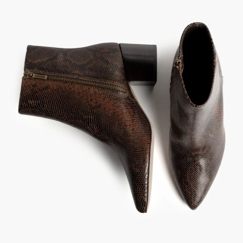 Opp France Women’s Snakeskin Pattern Pattern Thick Heel Pointed Toe Short Boots Chocolate Snake Print