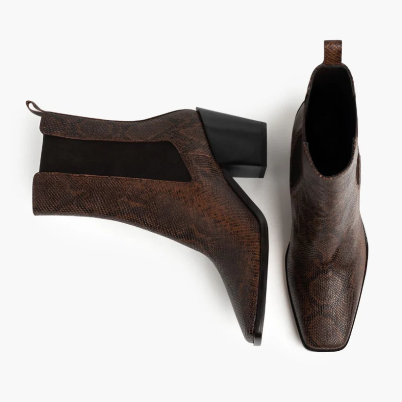 Opp France Women’s Snakeskin Pattern Thick High Heel Elastic Mid-calf Boots Chocolate Snake Print