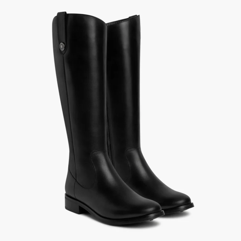 Opp France Women’s Solid Color Simple One Button Decoration Zipper Leather Long Boots Black