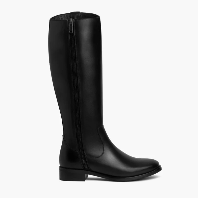Opp France Women’s Solid Color Simple One Button Decoration Zipper Leather Long Boots Black