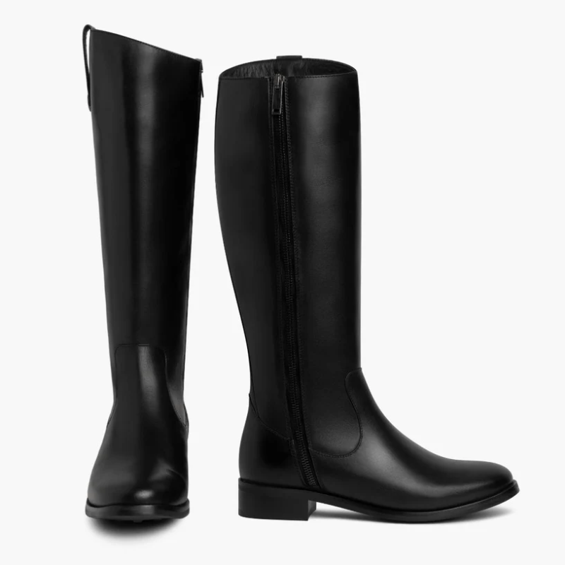 Opp France Women’s Solid Color Simple One Button Decoration Zipper Leather Long Boots Black