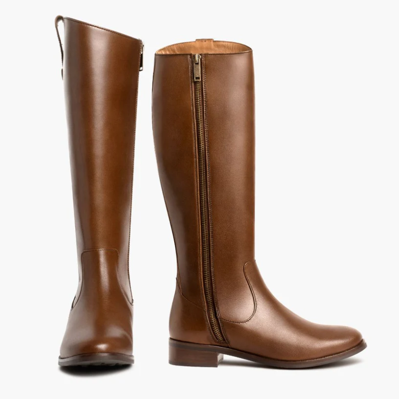 Opp France Women’s Solid Color Simple One Button Decoration Zipper Leather Long Boots Cuero