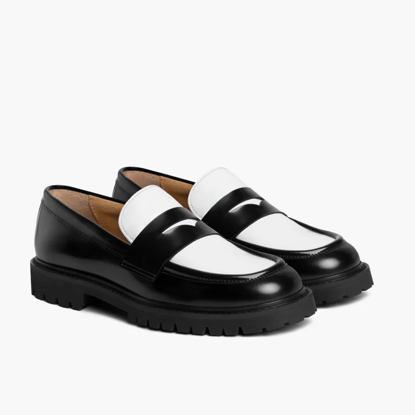 Opp France Women’s Stitching Non-slip Leather Platform Loafers Black & White