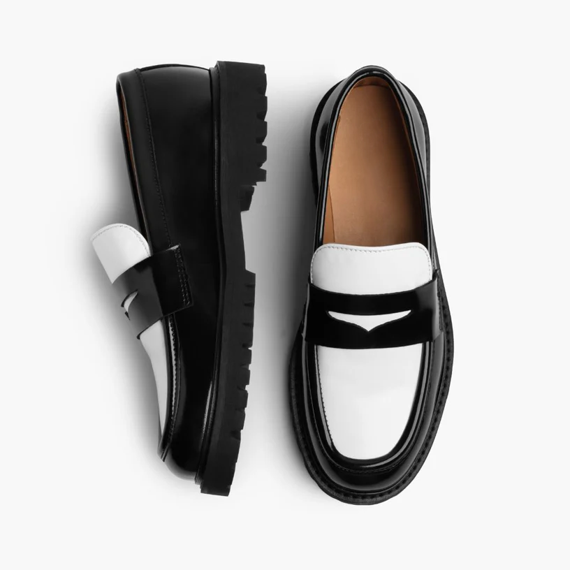 Opp France Women’s Stitching Non-slip Leather Platform Loafers Black & White