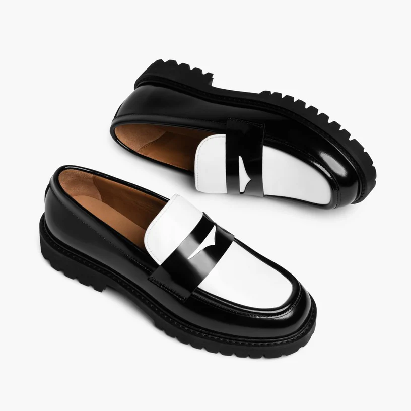 Opp France Women’s Stitching Non-slip Leather Platform Loafers Black & White