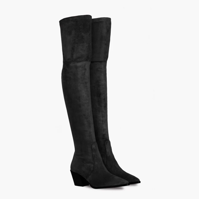 Opp France Women’s Suede Elastic Thick Heel Pointed Toe Over-the-knee Boots Black