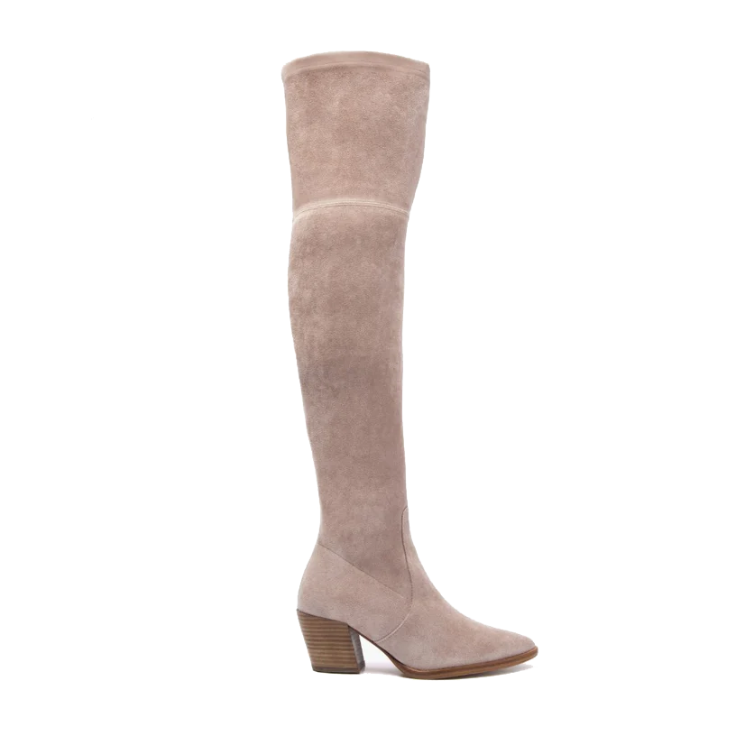 opp france Women’s Suede Elastic Thick Heel Pointed Toe Over-the-knee Boots Sand