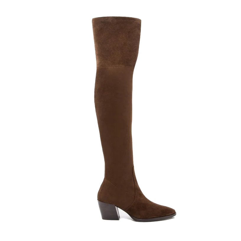opp france Women’s Suede Elastic Thick Heel Pointed Toe Over-the-knee Boots Espresso