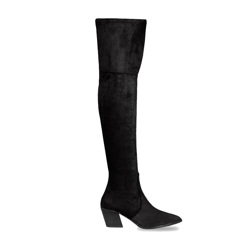 opp france Women’s Suede Elastic Thick Heel Pointed Toe Over-the-knee Boots Black