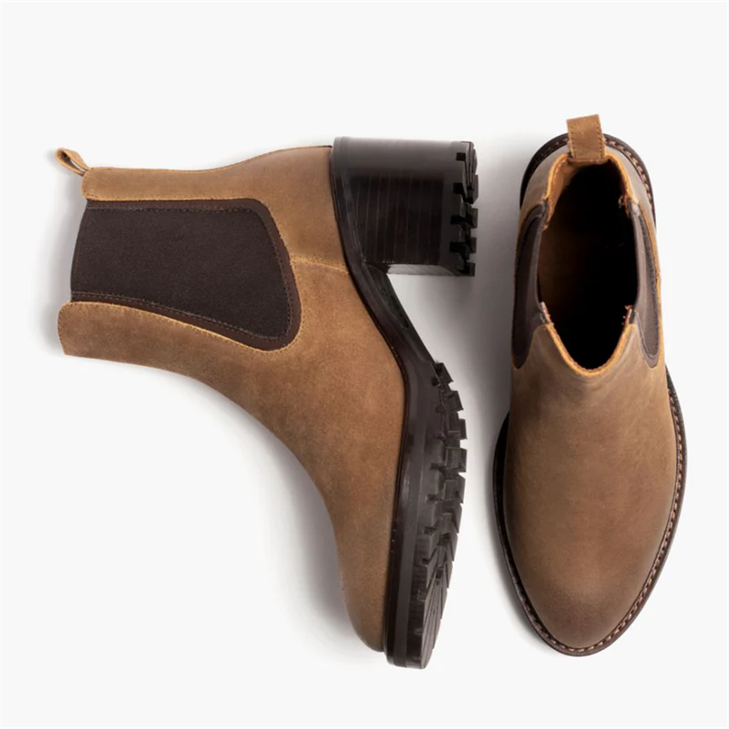 Opp France Women’s Suede Leather Retro Thick High Heel Slip-on Boots Safari