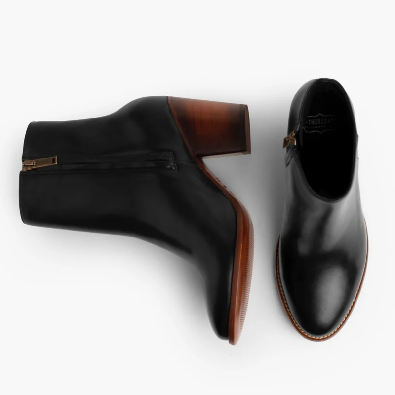 Opp France Women’s Thick High Heel Pointed Leather Zipper Elegant Short Boots Black