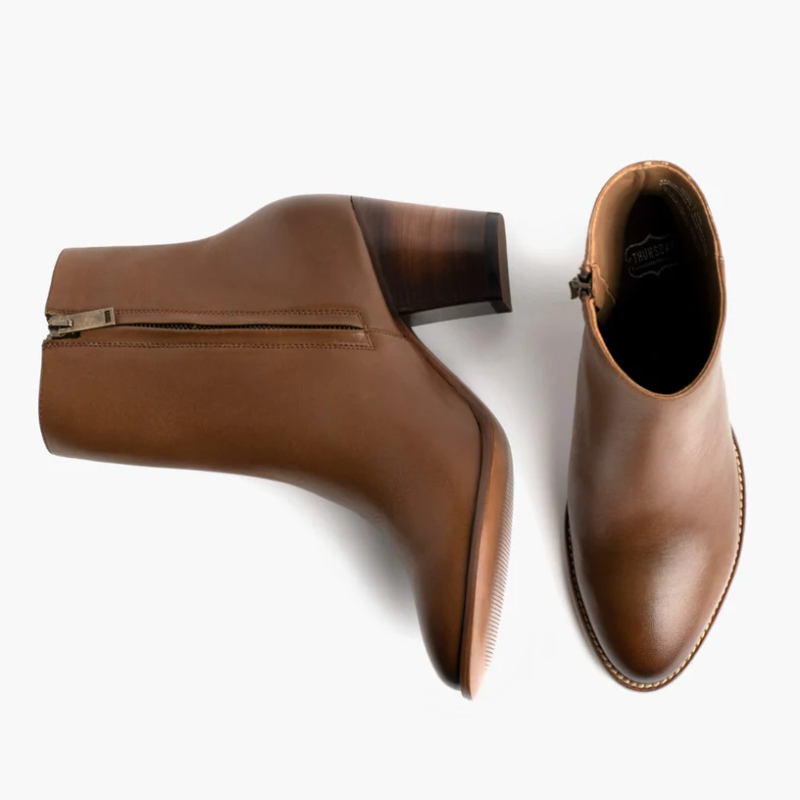 Opp France Women’s Thick High Heel Pointed Leather Zipper Elegant Short Boots Walnut